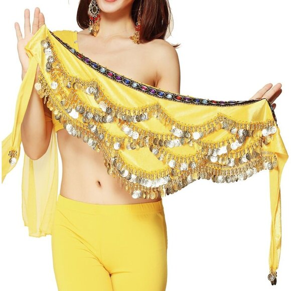 Women's Yellow Triangular Belly Dancing Hip Scarf Wrap Skirt with Gold Coins - Picture 1 of 4